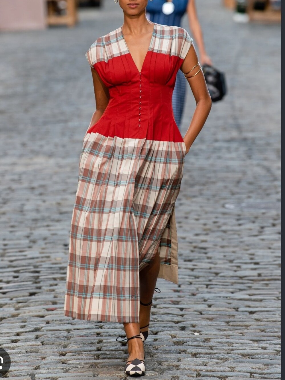 Tory Burch Red Corset-Style Plaid Midi Dress